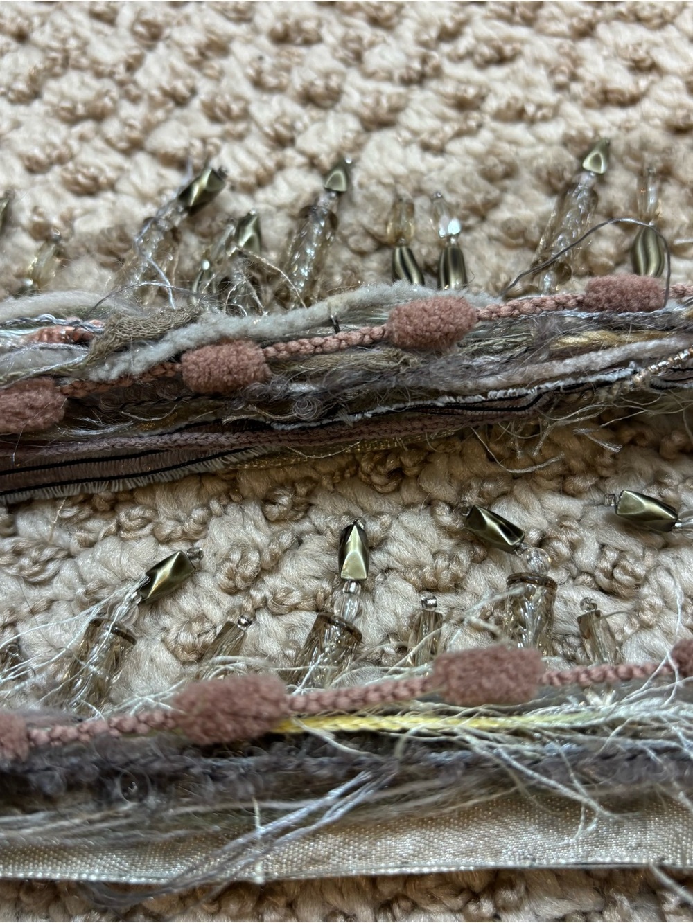 Unique Boho Bead, Ribbon and Mixed Material Thin Scarf - Picture 5 of 8